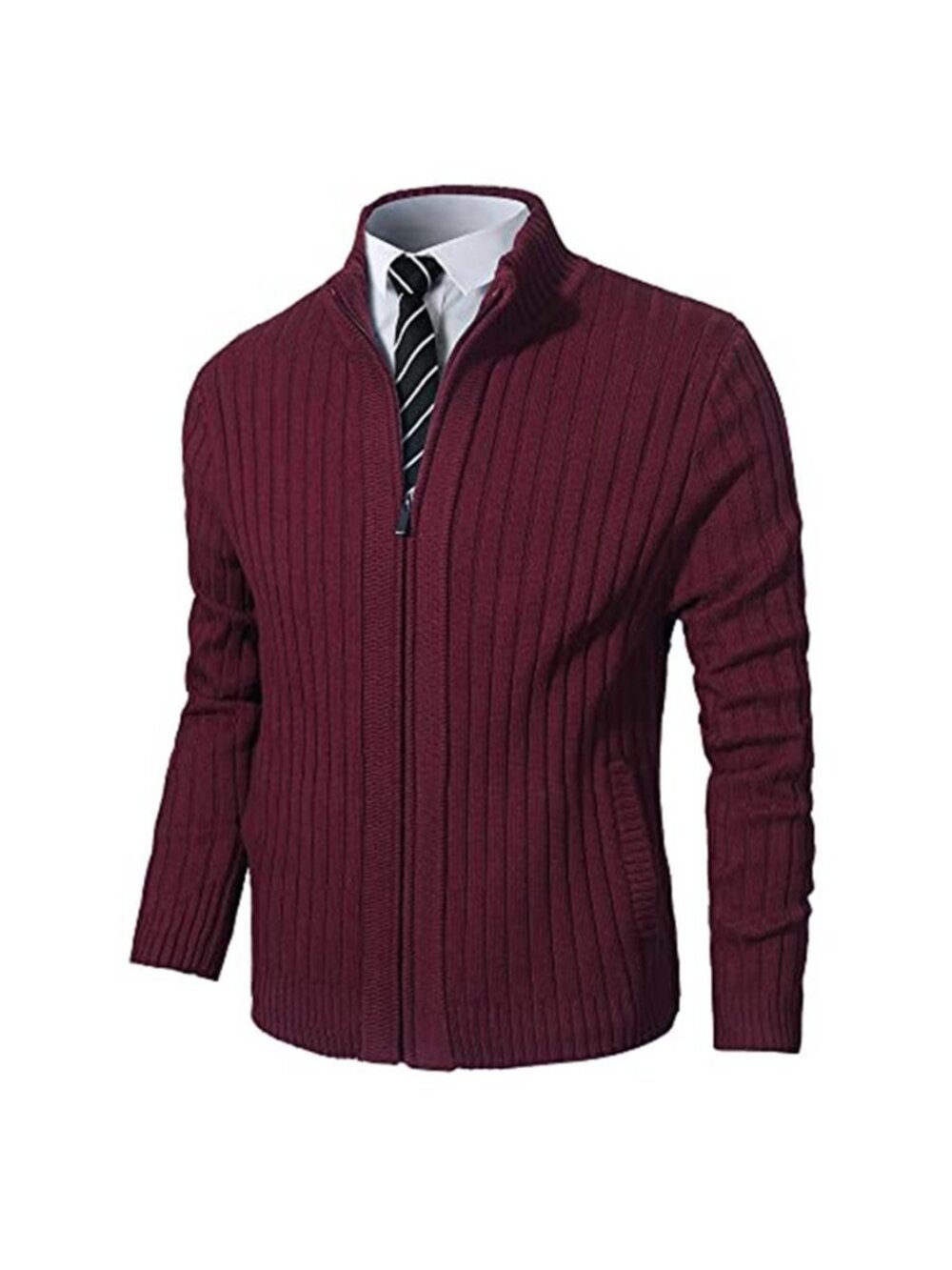 Mens Zip Up Cardigan Sweater Stand Collar Knit Jacket Slim Fit Casual